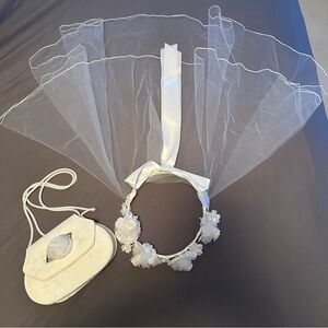 Vintage 1990s First Communion White Veil & Purse Set Floral Halo Headpiece
